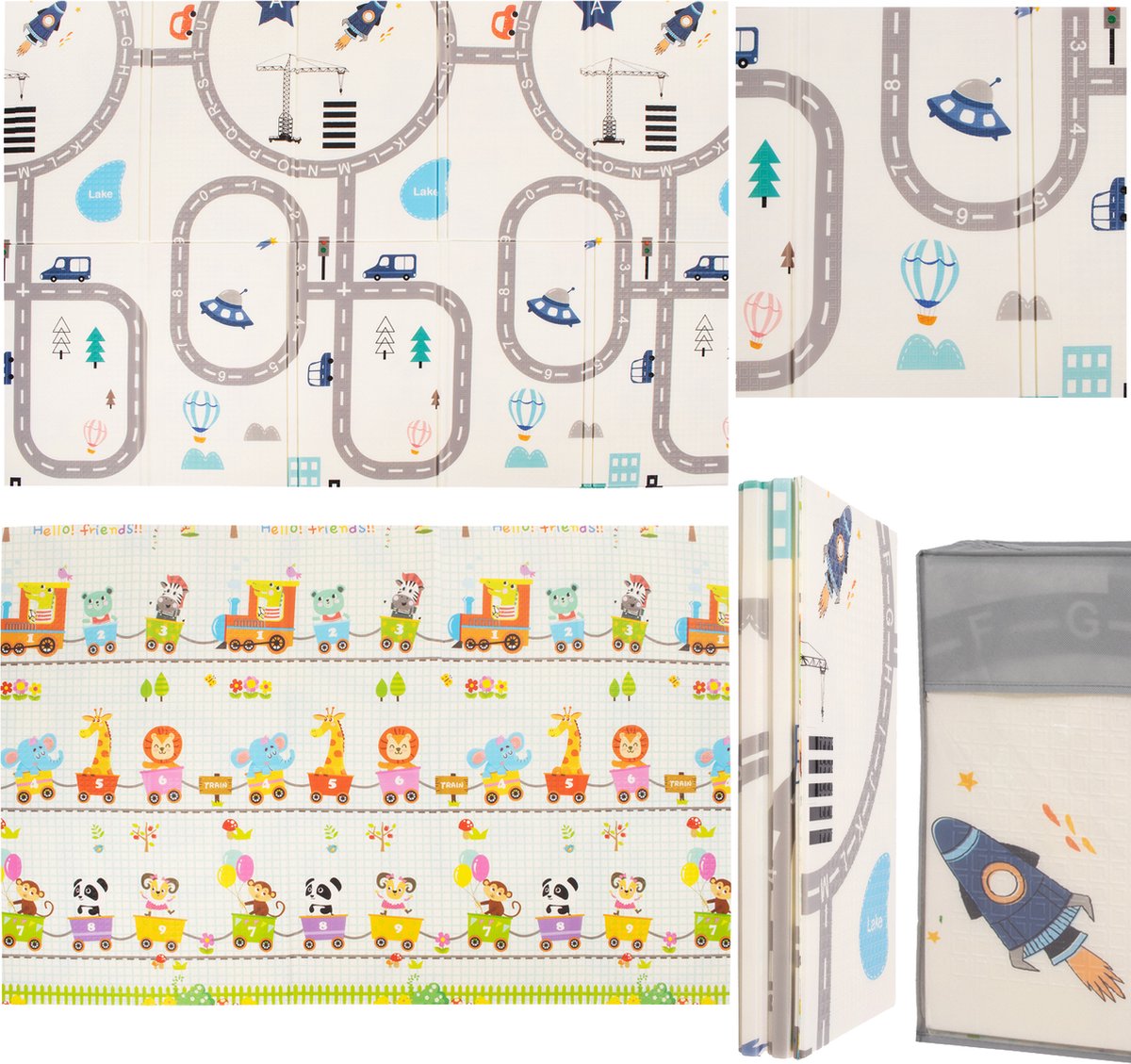 Speelmat | Speelkleed Foam | Opvouwbaar | Voertuigen | Dieren | Dubbelzijdig | Alfabet | Cijfers | 150 x 200 cm